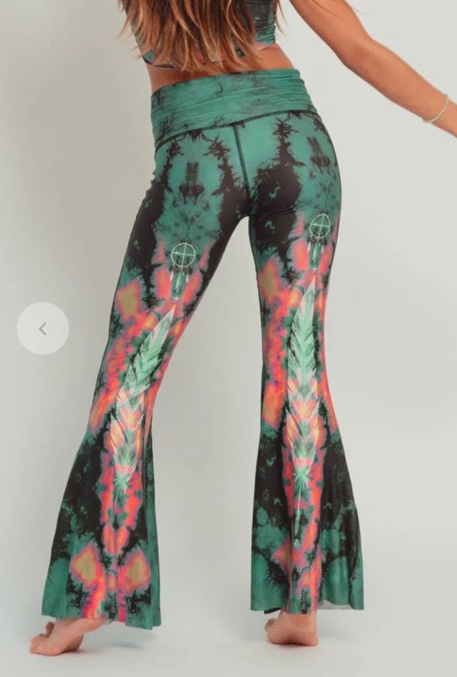 Teeki Eagle Feather Green Bell Bottom Yoga Pants Size S